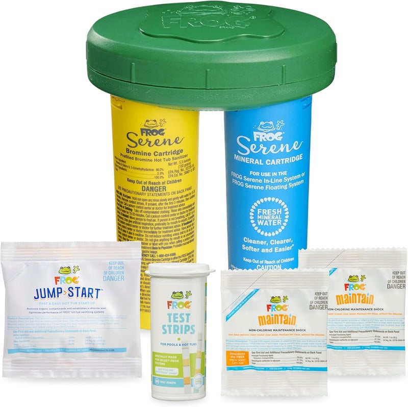 Frog Serene Floating System for Hot Tubs - Quick & Easy Prefilled Hot Tub Sanitizer - Hot Tub Maintenance System with Sanitizing Minerals & Bromine - Starter Bundle - Image 1